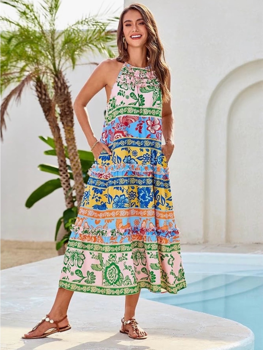 NWOT GRACE KARIN 2026 Floral Boho Halter Maxi Summer Beach Sundress